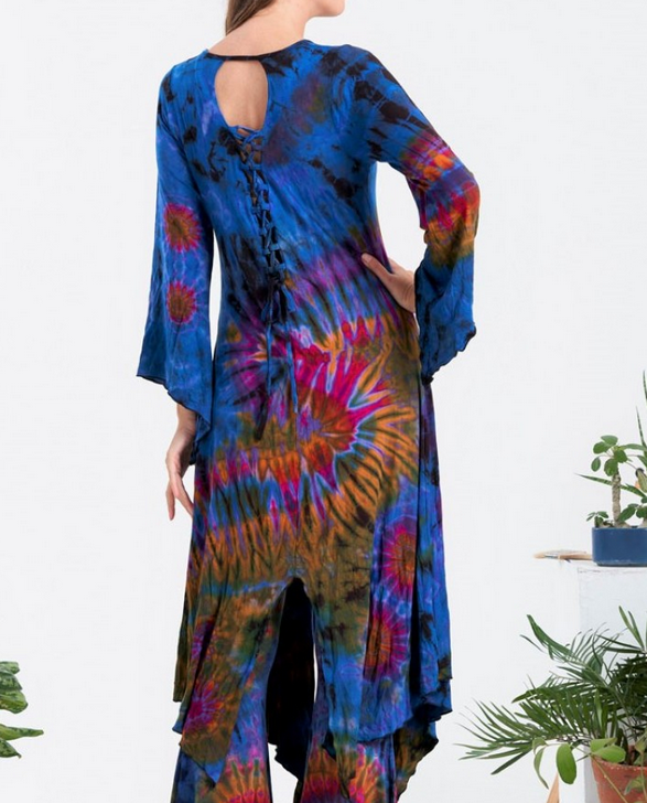Women's Rayon Spandex Tie-Dye Laced-Front 3/4 Sleeves Long Top - HalfMoonMusic