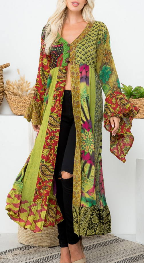 Women's Cotton Patchwork Long Bell Sleeves Duster Kimono - HalfMoonMusic