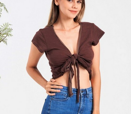 Women's Cotton Knitted Tie-Front Solid Color Top - HalfMoonMusic