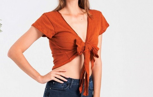 Women's Cotton Knitted Tie-Front Solid Color Top - HalfMoonMusic