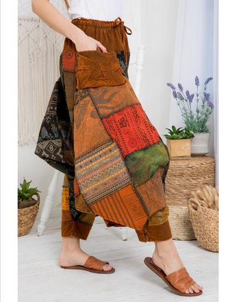 Women's Patchwork Pants w/ Drawstring & A Side Pocket - HalfMoonMusic