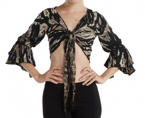 Women's Black & White Tie-Dye Bell Sleeve Tie Front Crop Top - HalfMoonMusic