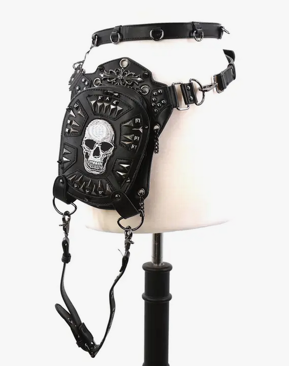 Convertible Shoulder Bag/ Waist Pack W/ Studs and Chains - Skull Design - HalfMoonMusic