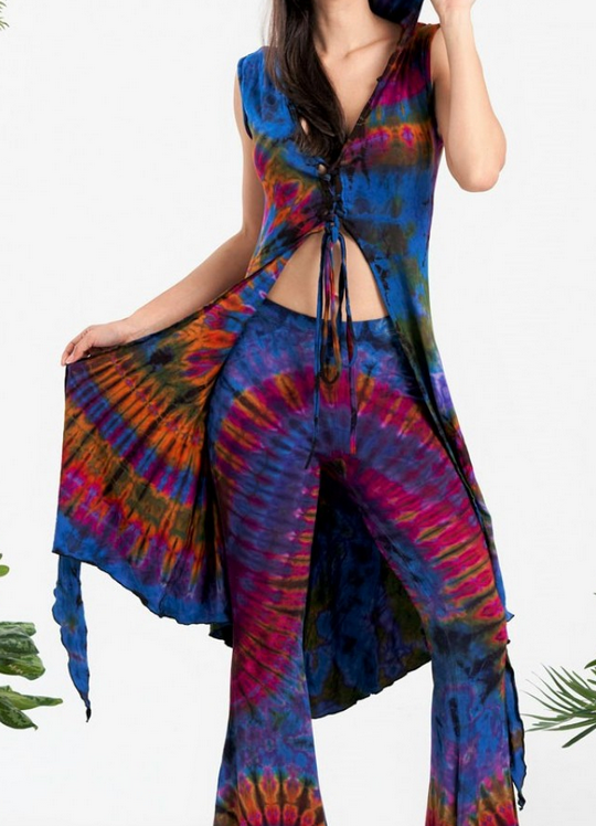Women's Rayon Spandex Tie-Dye Hooded Front-Tie Long Vest Top - HalfMoonMusic
