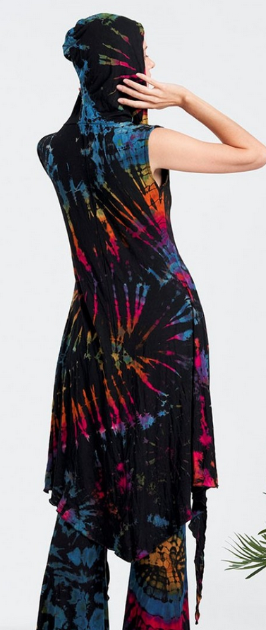 Women's Rayon Spandex Tie-Dye Hooded Front-Tie Long Vest Top - HalfMoonMusic
