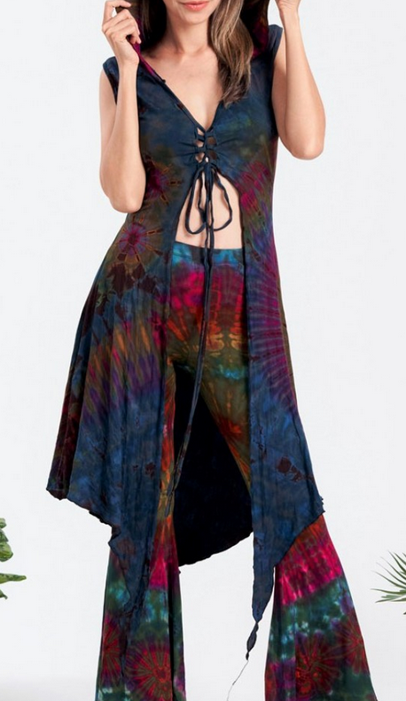 Women's Rayon Spandex Tie-Dye Hooded Front-Tie Long Vest Top - HalfMoonMusic