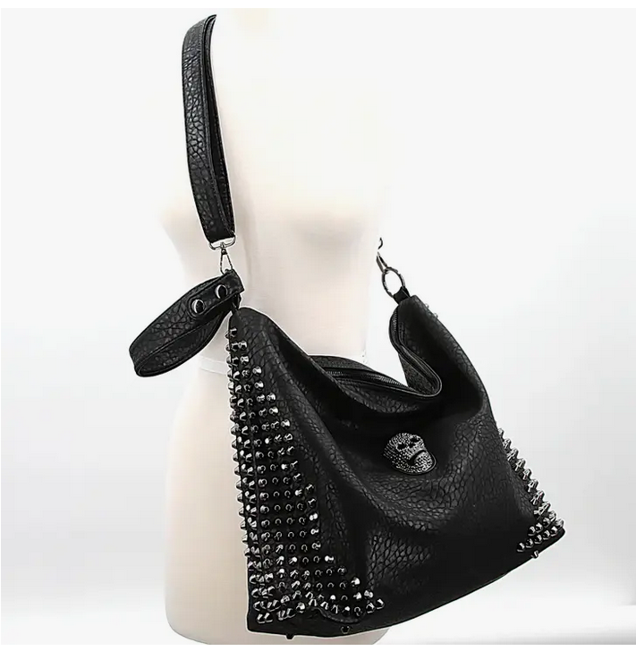 Skull Face Studded XL Hobo Bag - HalfMoonMusic