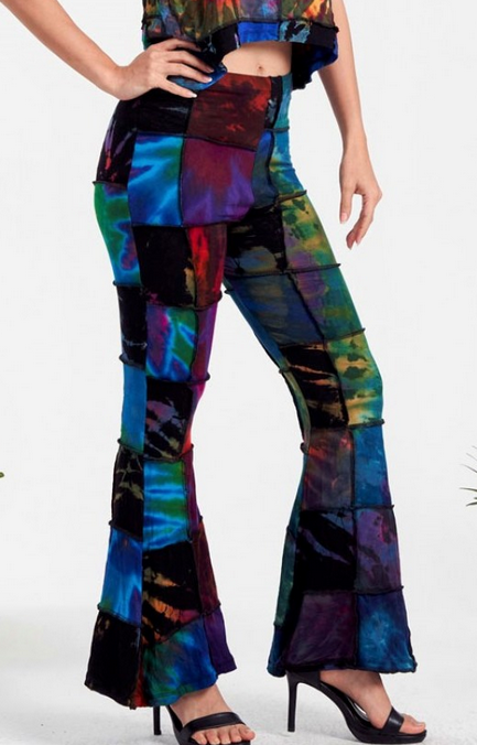 Women's Rayon Spandex Tie-Dye Crazy Square Patchwork Bell Bottom Leggings - HalfMoonMusic