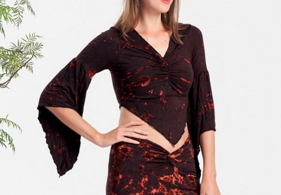 Women's Rayon Spandex Tie-Dye 3/4 Sleeves V-Neck Fairy Crop Top - HalfMoonMusic