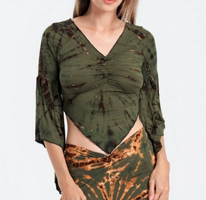 Women's Rayon Spandex Tie-Dye 3/4 Sleeves V-Neck Fairy Crop Top - HalfMoonMusic