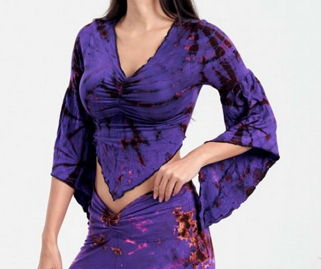 Women's Rayon Spandex Tie-Dye 3/4 Sleeves V-Neck Fairy Crop Top - HalfMoonMusic
