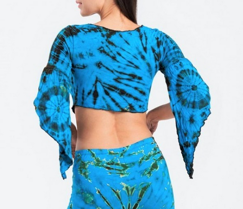 Women's Rayon Spandex Tie-Dye 3/4 Sleeves V-Neck Fairy Crop Top - HalfMoonMusic