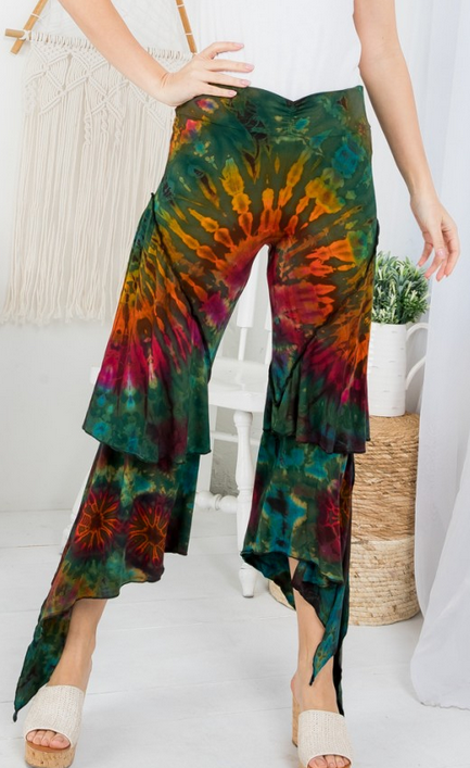 Women's Rayon Spandex Tie-Dye Layered Flowy Crop Leggings - HalfMoonMusic