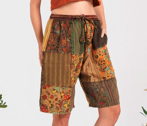 Women's Cotton Mushroom Patchwork Drawstring Shorts - HalfMoonMusic