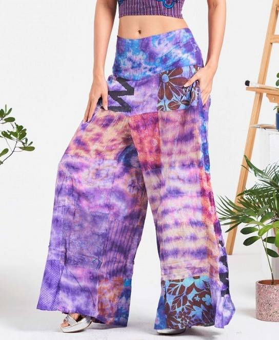Women's Rayon Tie-Dye Assorted Patchwork High Waist Wide Leg Pants - HalfMoonMusic