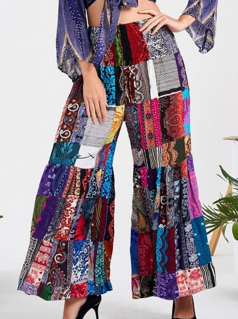 Women's Rayon Patchwork High Waist Flared Bell Bottom Pants - HalfMoonMusic
