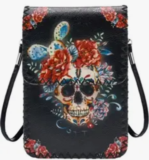 Floral Skull Print Black Crossbody Bag - HalfMoonMusic