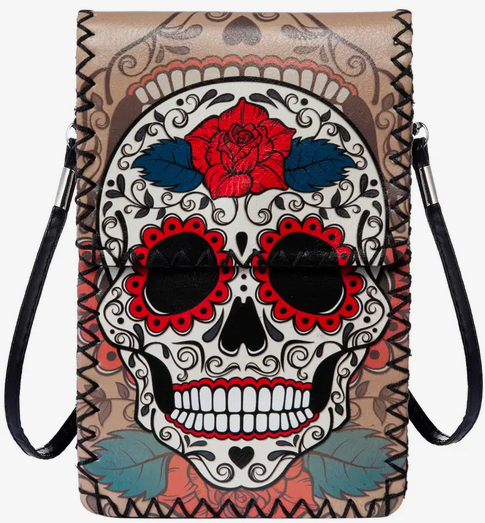 Floral Day of the Dead Skull Print Tan Crossbody Bag - HalfMoonMusic