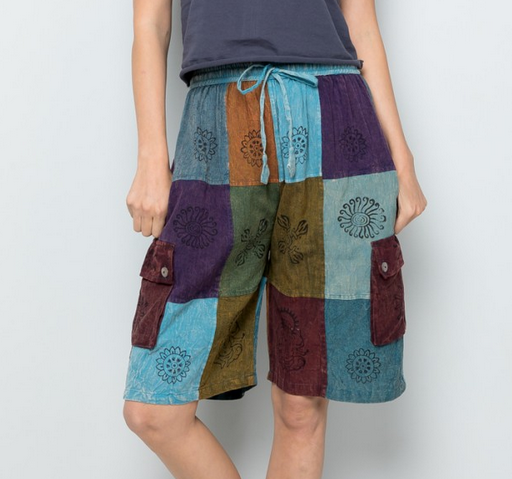Women's Cotton Mixed Patchwork Loose Drawstring Shorts - HalfMoonMusic