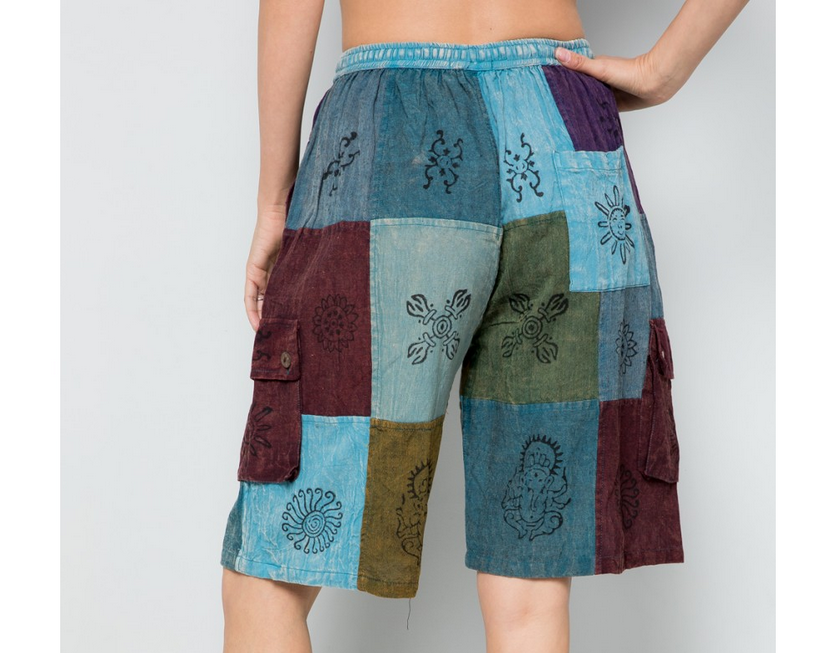 Women's Cotton Mixed Patchwork Loose Drawstring Shorts - HalfMoonMusic