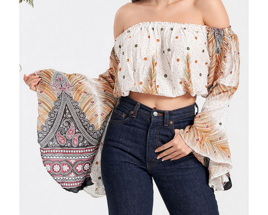 Women's Rayon Feather Print Bell Sleeves Off The Shoulder Crop Top - HalfMoonMusic