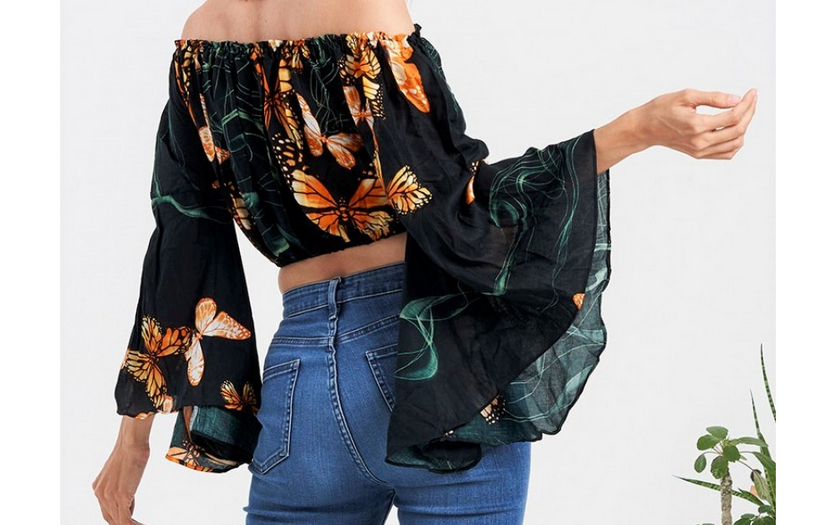Women's Rayon Butterfly Print Off-Shoulder Crop Top - HalfMoonMusic