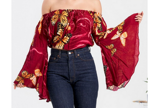 Women's Rayon Butterfly Print Off-Shoulder Crop Top - HalfMoonMusic