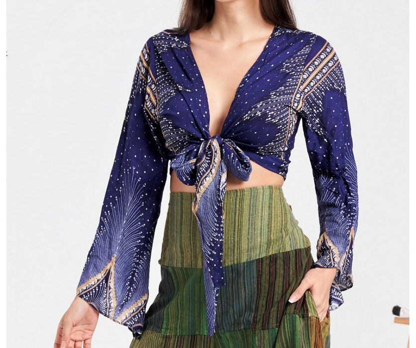 Women's Rayon Peacock Feather Print Front-Tie Crop Top - HalfMoonMusic