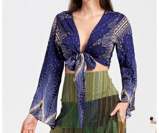 Women's Rayon Peacock Feather Print Front-Tie Crop Top - HalfMoonMusic