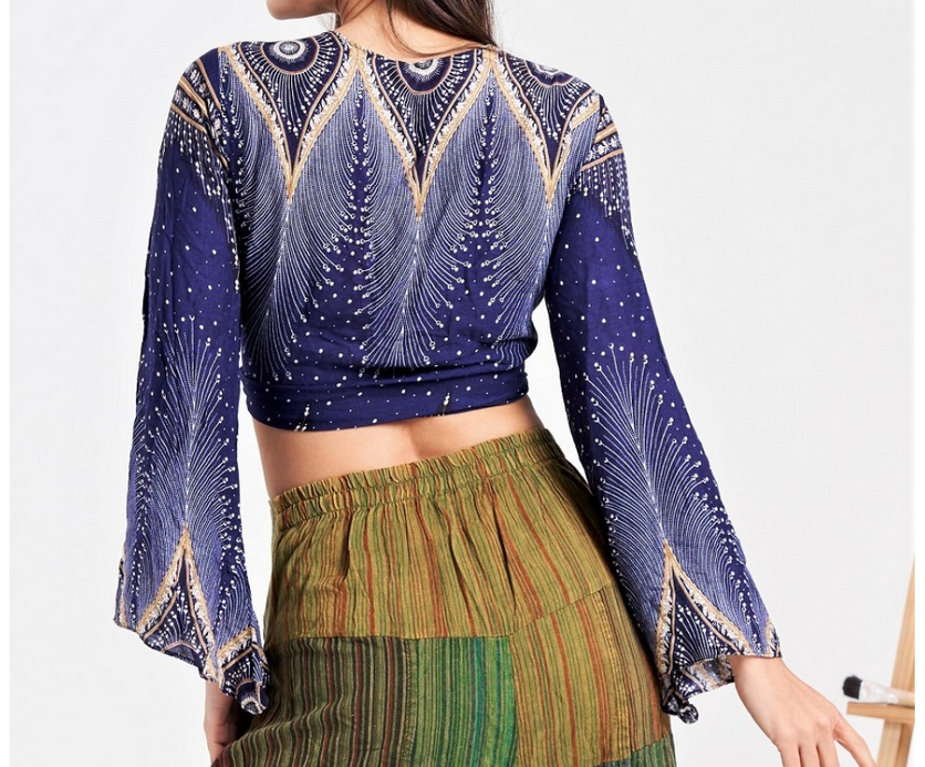 Women's Rayon Peacock Feather Print Front-Tie Crop Top - HalfMoonMusic
