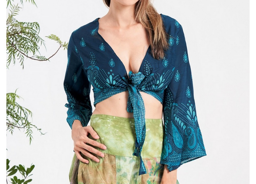 Women's Rayon Paisley Print Front-Tie Flowy Sleeve Crop Top - HalfMoonMusic
