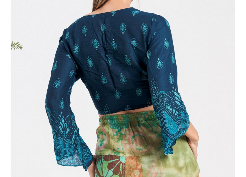 Women's Rayon Paisley Print Front-Tie Flowy Sleeve Crop Top - HalfMoonMusic