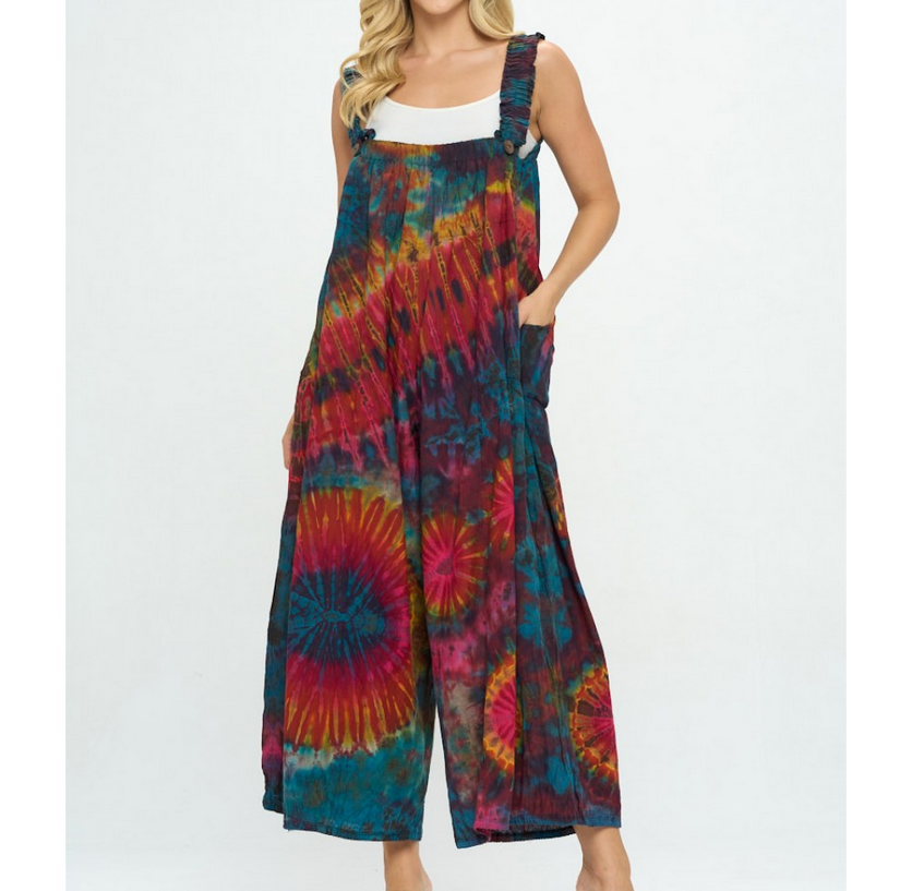 Women's Cotton Tie-Dye Stretchy Strap Jumpsuit Overalls - HalfMoonMusic