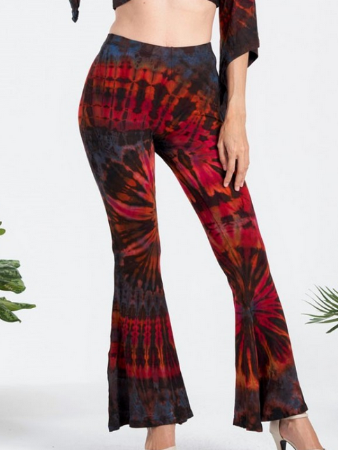 Women's Rayon Spandex Tie-Dye Ruffle Bottom Bell Bottom Leggings - HalfMoonMusic