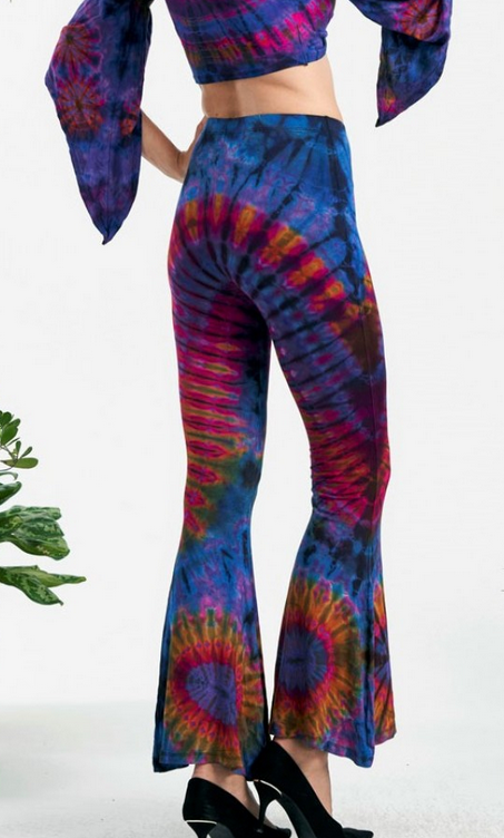 Women's Rayon Spandex Tie-Dye Ruffle Bottom Bell Bottom Leggings - HalfMoonMusic