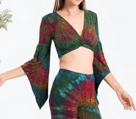Women's Rayon Spandex Tie-Dye 3/4 Sleeves Twist Front Crop Top - HalfMoonMusic