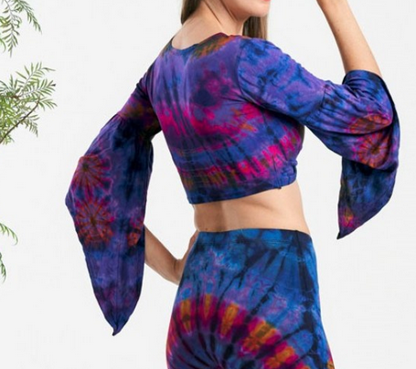 Women's Rayon Spandex Tie-Dye 3/4 Sleeves Twist Front Crop Top - HalfMoonMusic
