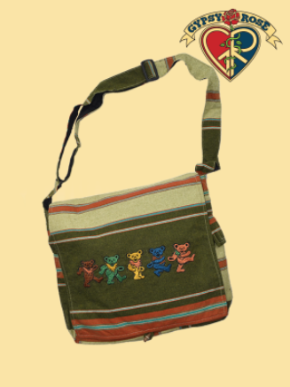 Dancing Bear Chorus Hand Embroidered Striped Messenger Bag - HalfMoonMusic