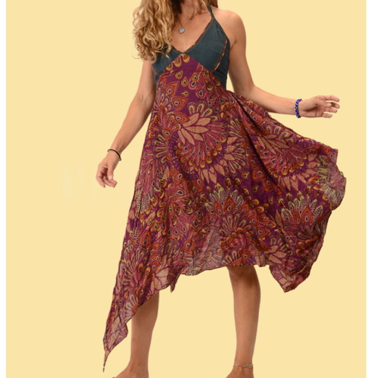 Women's Denim Cotton Funky Floral Print Halter Fairy Dress - HalfMoonMusic