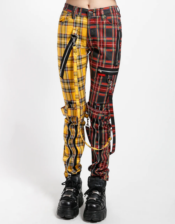 Unisex Split Color Red Yellow Plaid Bondage Punk Tripp Pants - HalfMoonMusic