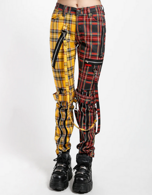 Unisex Split Color Red Yellow Plaid Bondage Punk Tripp Pants - HalfMoonMusic