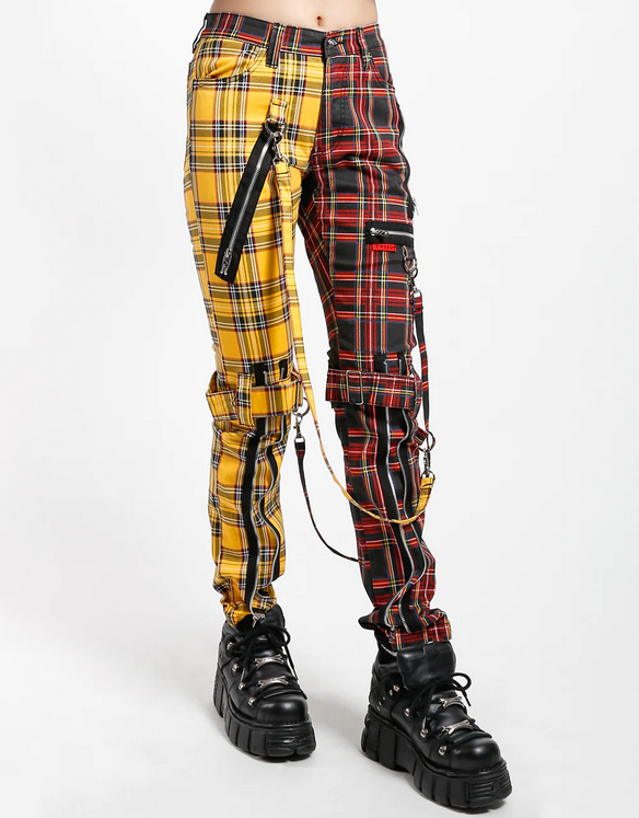 Unisex Split Color Red Yellow Plaid Bondage Punk Tripp Pants - HalfMoonMusic