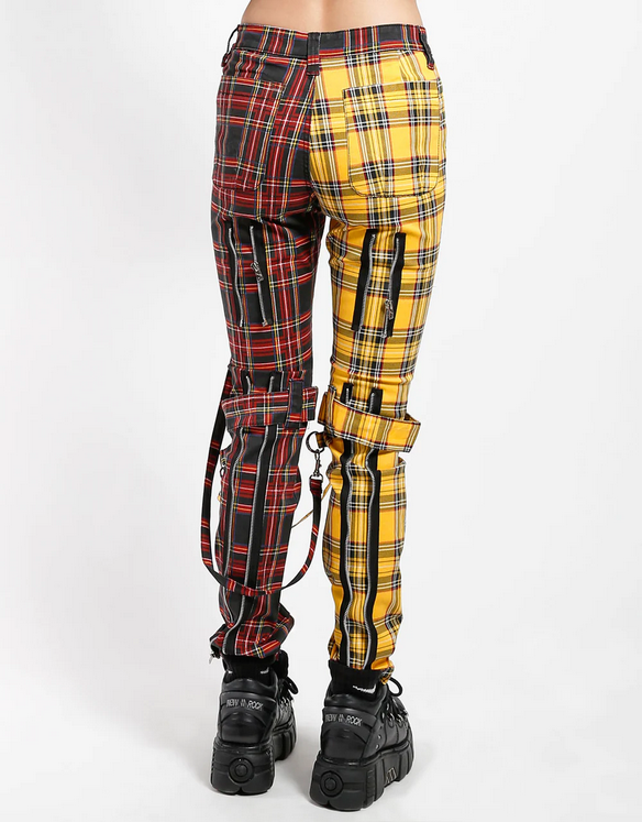 Unisex Split Color Red Yellow Plaid Bondage Punk Tripp Pants - HalfMoonMusic
