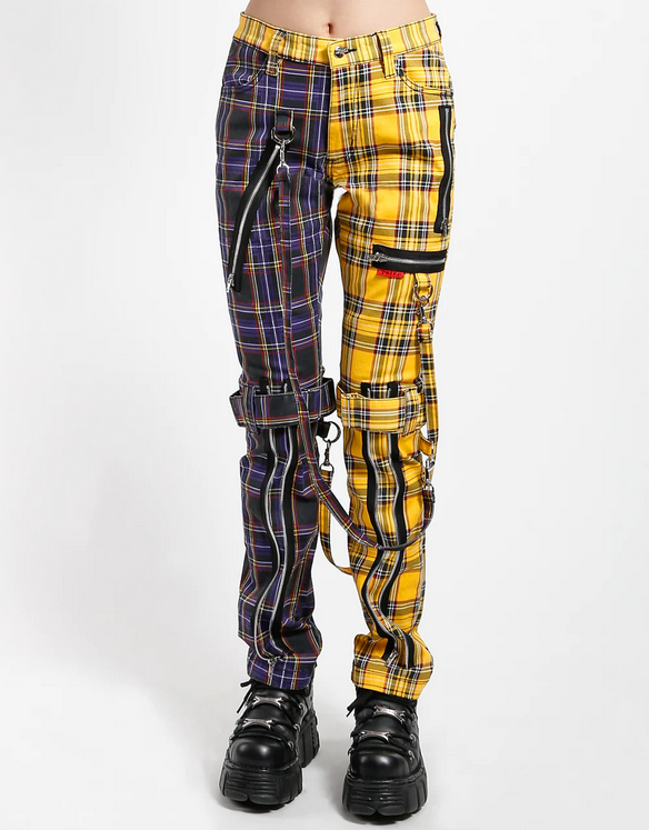 Unisex Split Color Yellow Purple Plaid Bondage Punk Tripp Pants - HalfMoonMusic