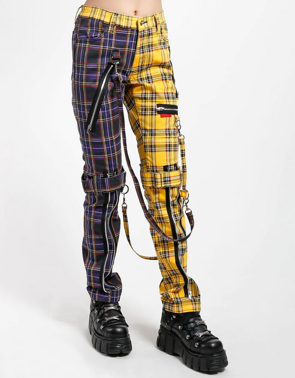 Unisex Split Color Yellow Purple Plaid Bondage Punk Tripp Pants - HalfMoonMusic