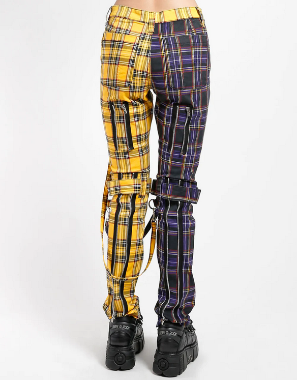 Unisex Split Color Yellow Purple Plaid Bondage Punk Tripp Pants - HalfMoonMusic