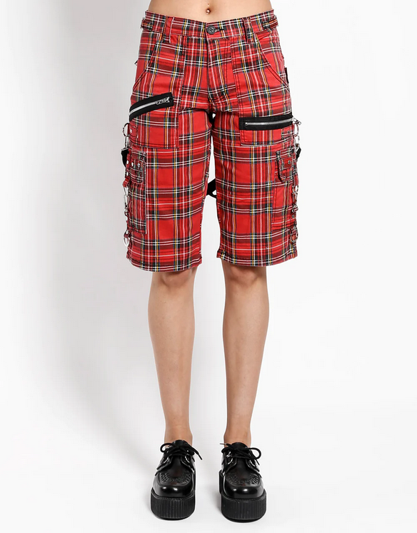 Unisex Classic Red Plaid Punk Suspender Tripp Shorts - HalfMoonMusic