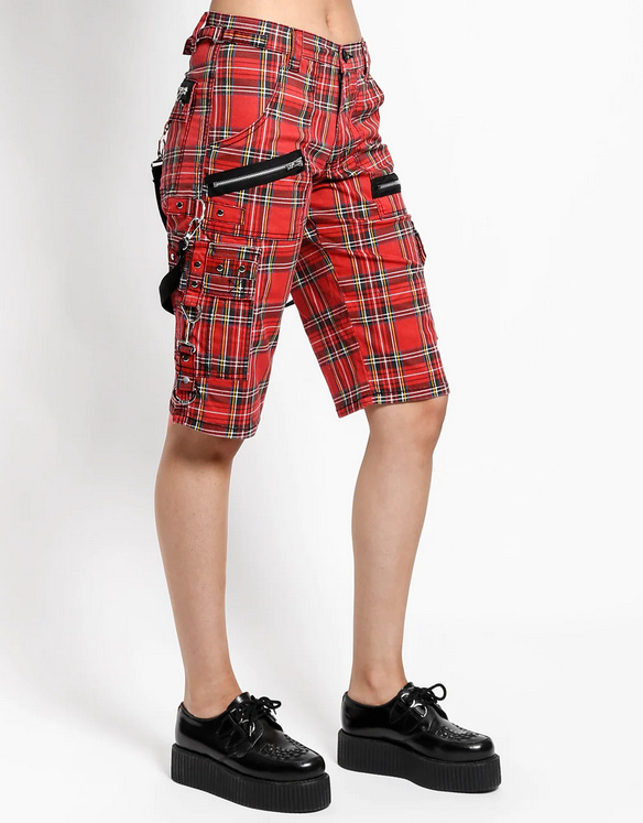 Unisex Classic Red Plaid Punk Suspender Tripp Shorts - HalfMoonMusic