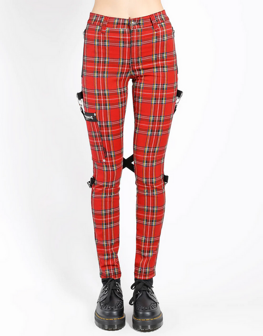 Women's Classic Red Punk Plaid Suspender Chaos Tripp Pants - HalfMoonMusic