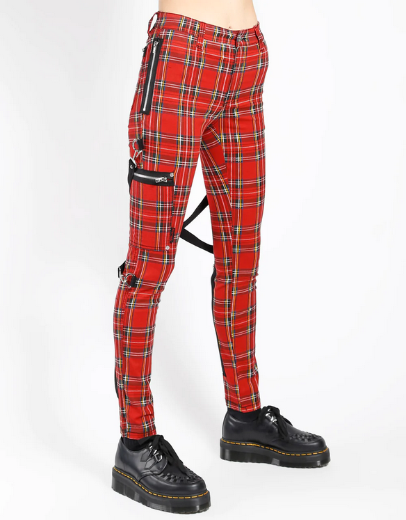 Women's Classic Red Punk Plaid Suspender Chaos Tripp Pants - HalfMoonMusic